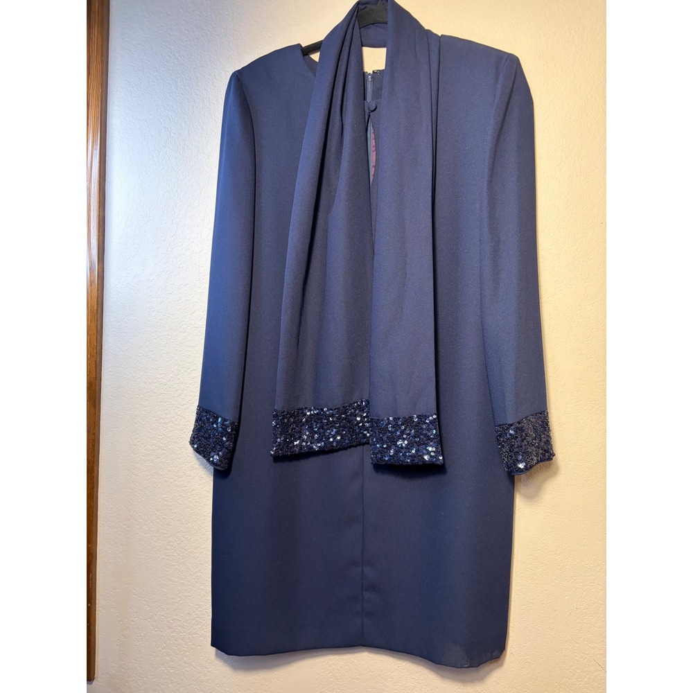 Donna Ricco New York Navy Blue Sequin Trim Shift Dress and Scarf Set Size 12
